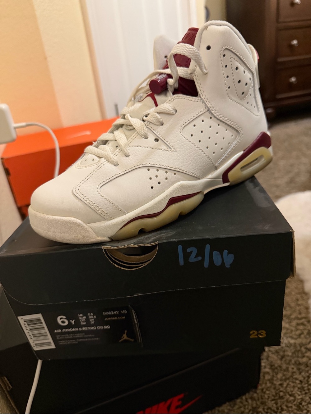 Jordan White and Maroon Retro 6 Sneakers